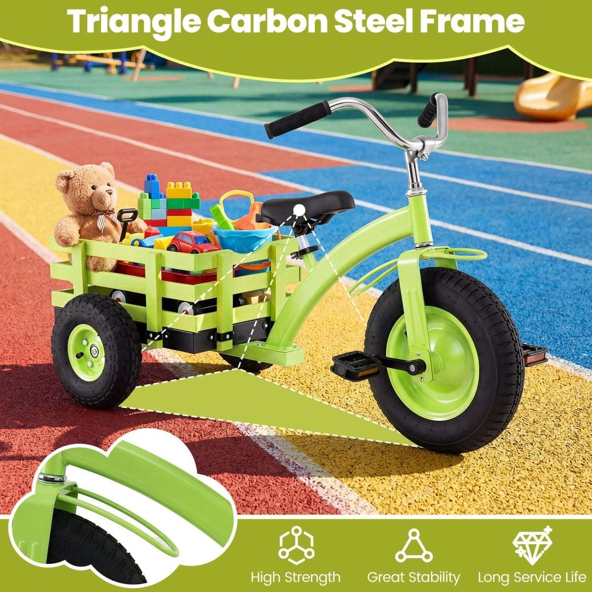 Green kids tricycle with inflatable rubber tires, steel frame, and rear wooden basket