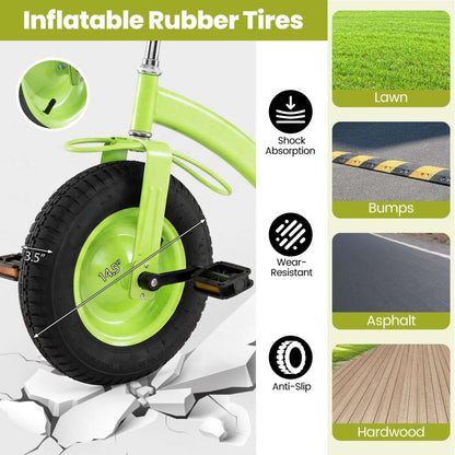 Green tricycle showing inflatable rubber tire design with anti-slip tread and shock absorption
