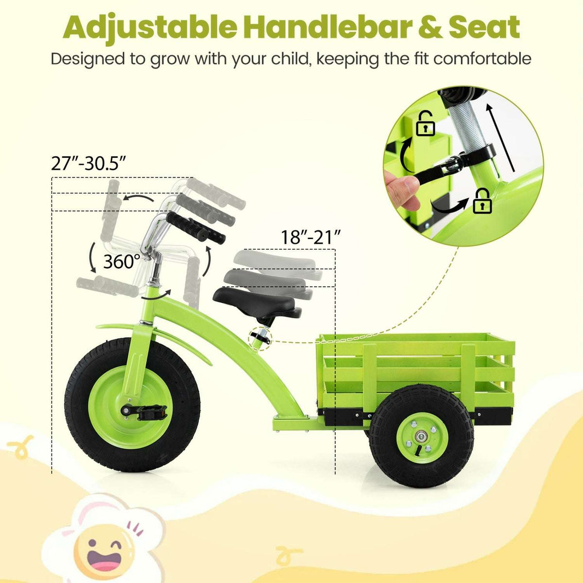 Green kids tricycle with adjustable handlebar and seat, inflatable rubber tires