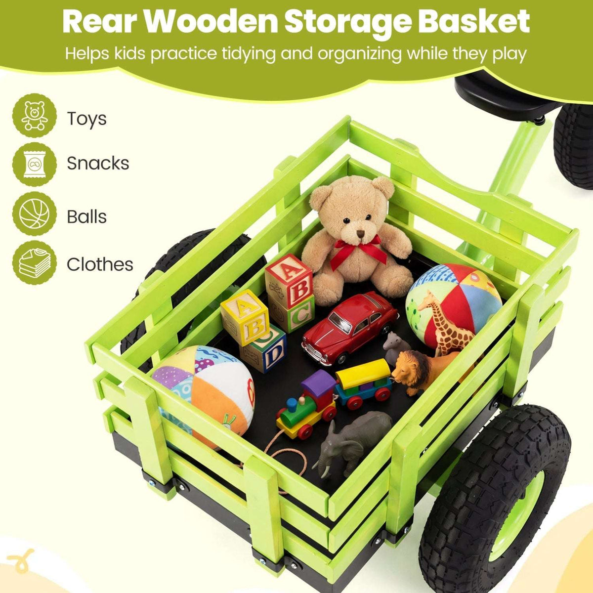Green rear wooden storage basket on a kids tricycle with room for toys