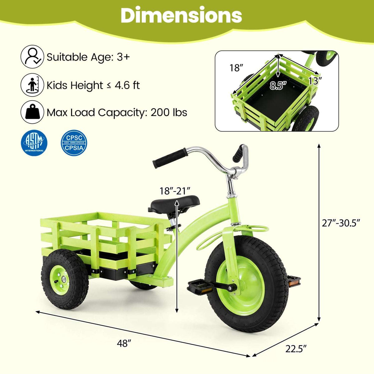 Green kids tricycle with adjustable handlebar and seat; inflatable rubber tires