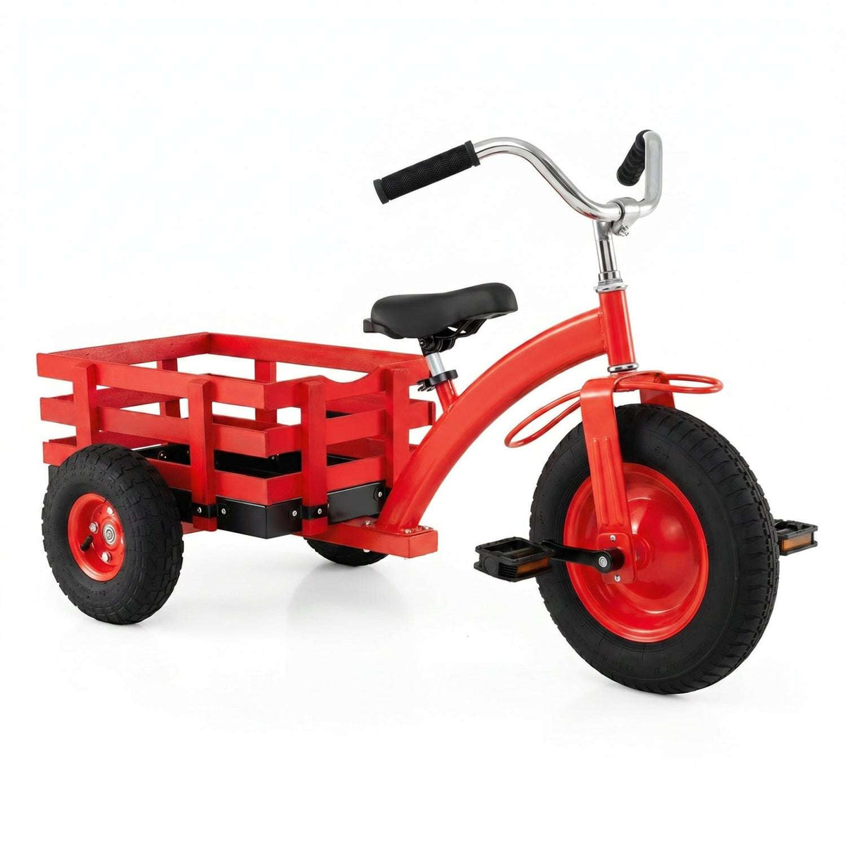 Red kids tricycle with black seat, silver handlebar, and rear wooden storage basket