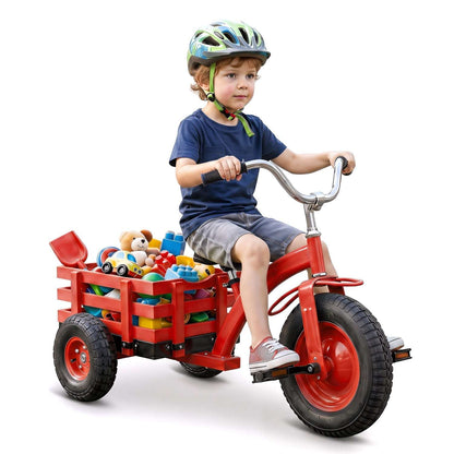 Kids 15-inch inflatable tire tricycle with red steel frame and rear wooden storage basket