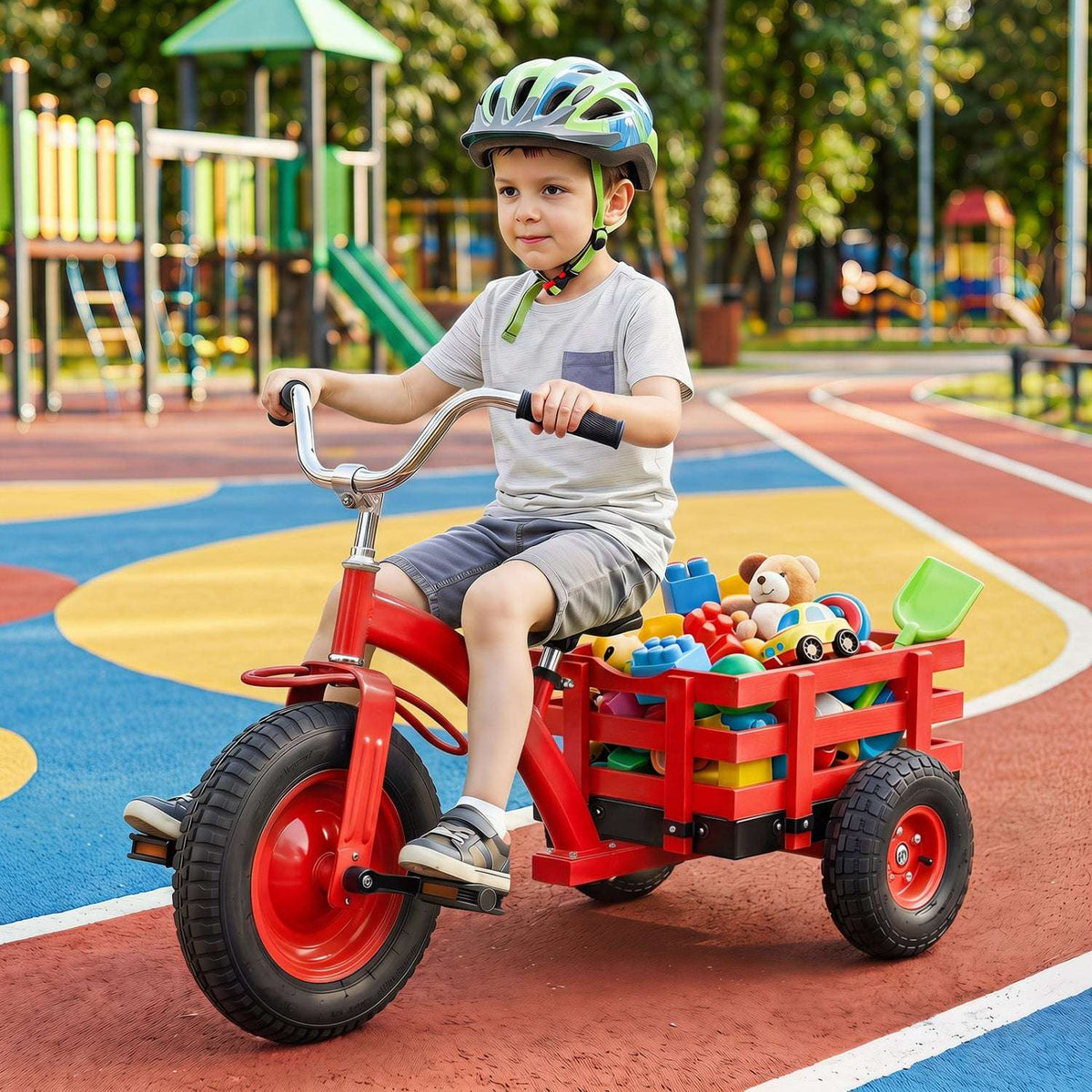 Kids red tricycle with inflatable rubber tires, steel frame, and rear wooden storage basket