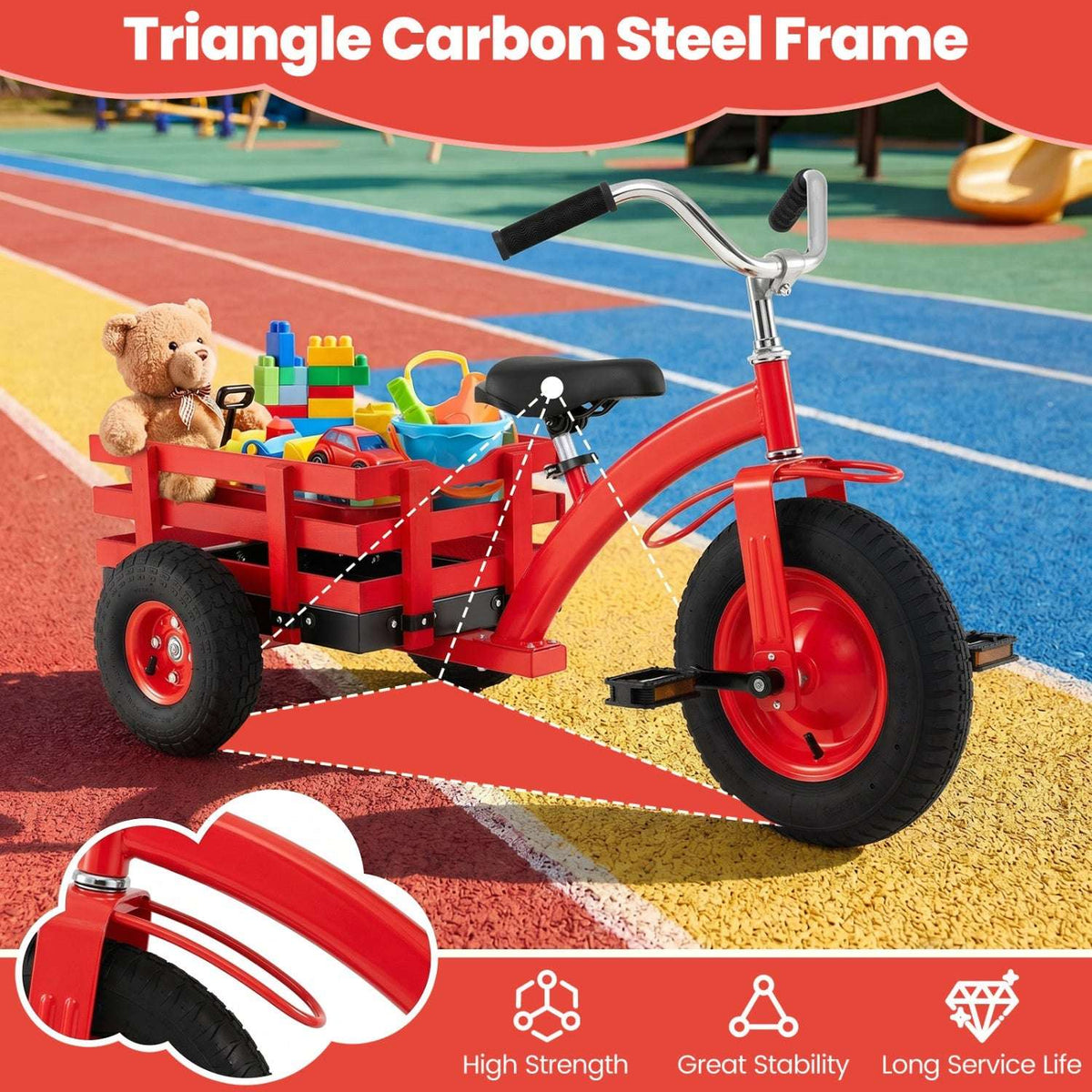 Red kids tricycle with triangle carbon steel frame and wooden rear storage basket
