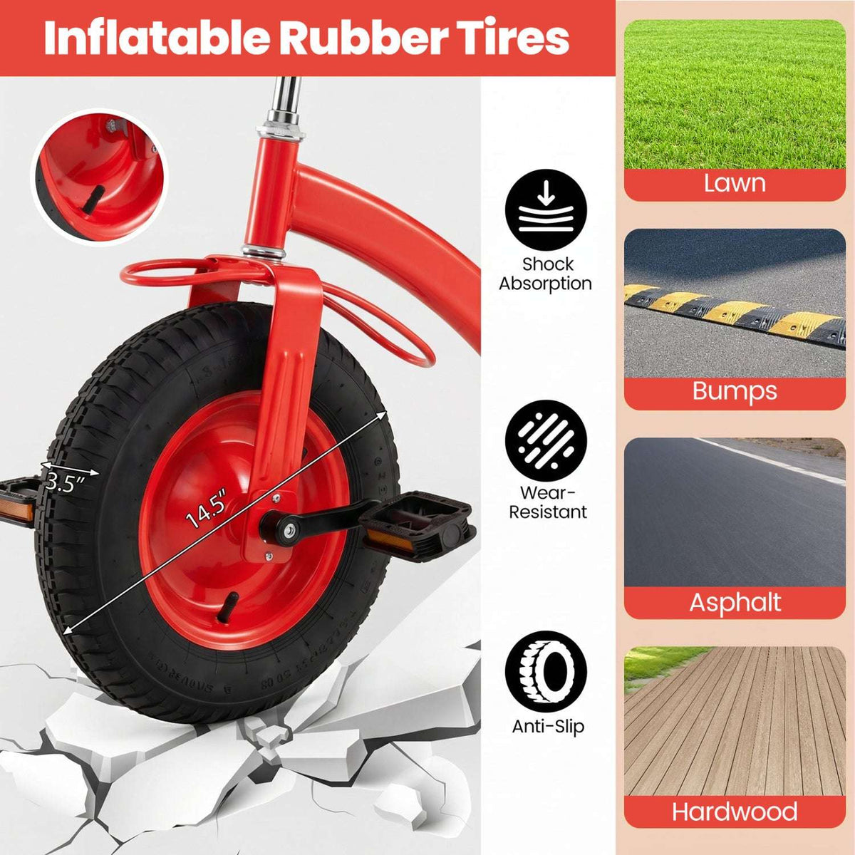 Red kids tricycle featuring inflatable rubber tires with treaded wheels