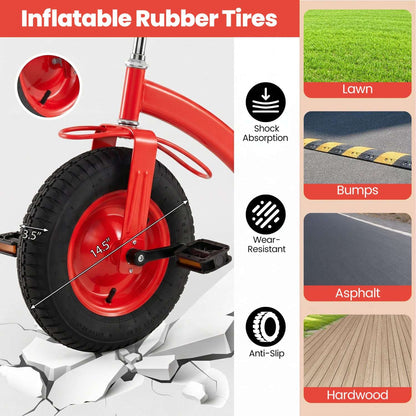 Red kids tricycle featuring inflatable rubber tires with treaded wheels