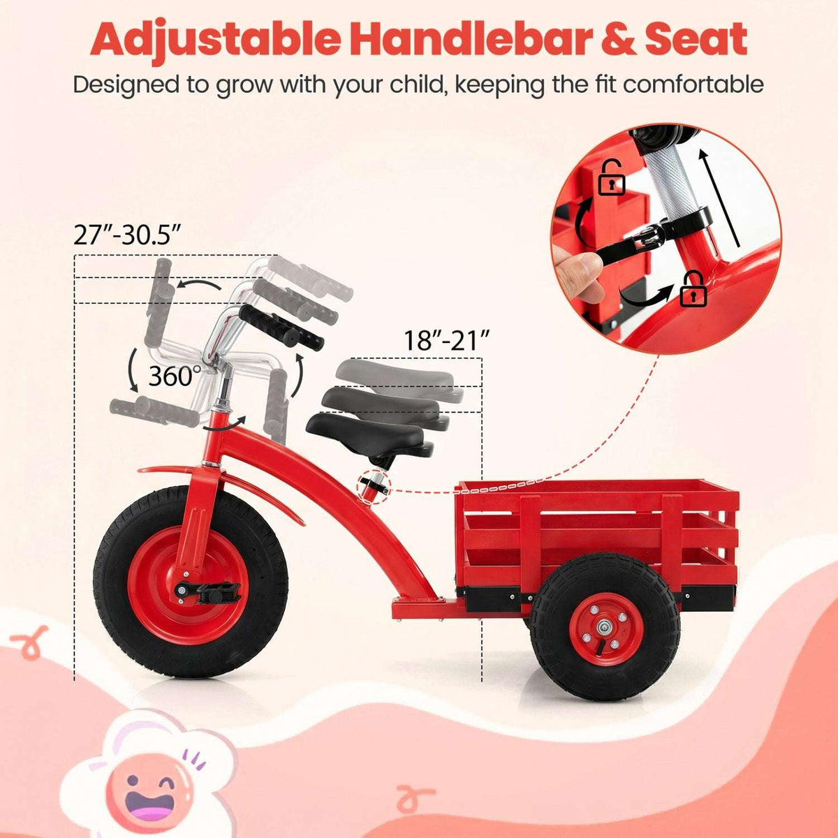 Red kids tricycle with adjustable handlebar and seat plus rear wooden storage basket