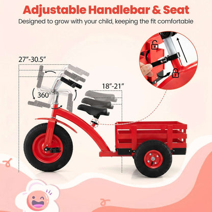 Red kids tricycle with adjustable handlebar and seat plus rear wooden storage basket