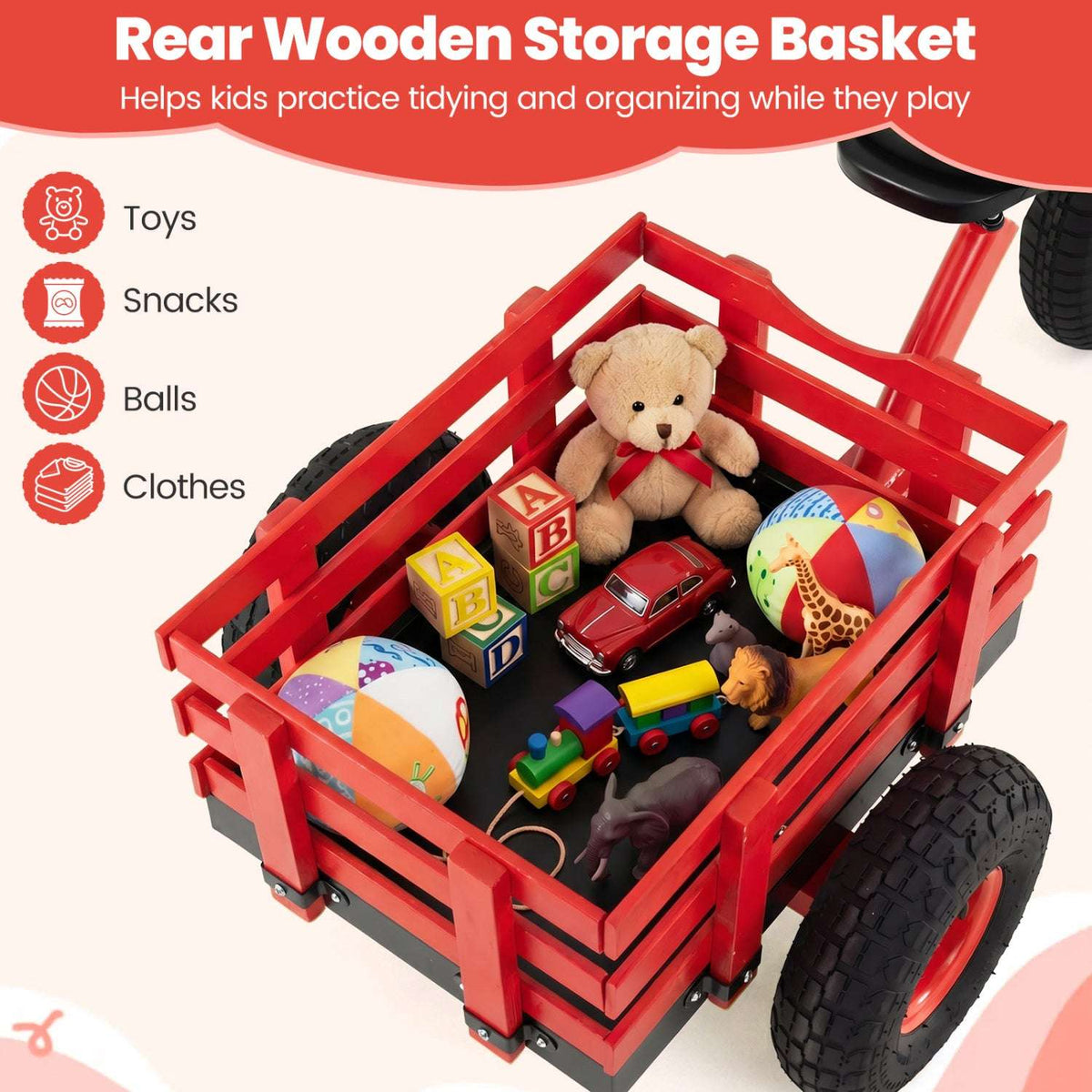 Red rear wooden storage basket for a kids tricycle with space for toys and accessories