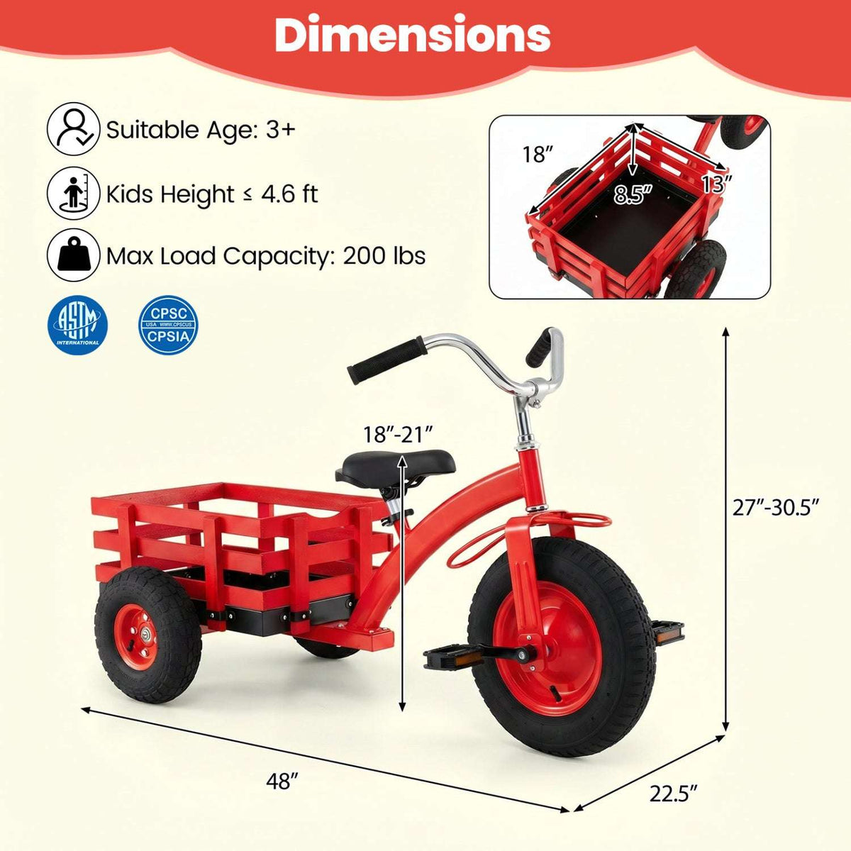 Red kids tricycle with inflatable tires, wooden cargo basket, and adjustable handlebar