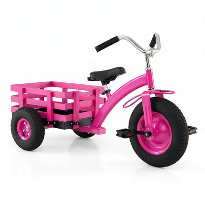 Pink kids tricycle with inflatable tires and rear wooden storage basket on black pedals