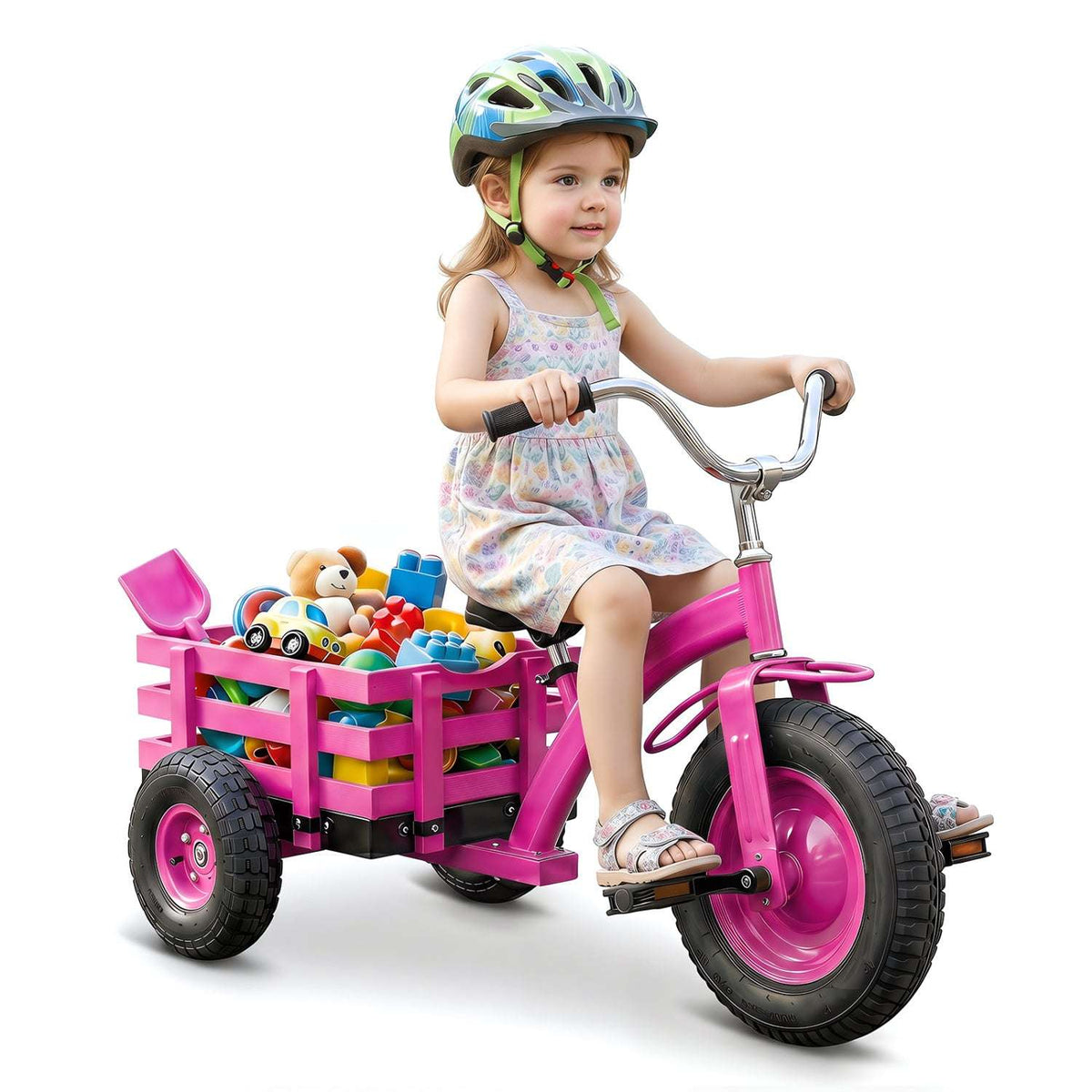 Kids 15-inch inflatable tire tricycle with pink frame and rear wooden storage basket