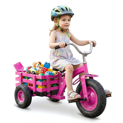 Kids 15-inch inflatable tire tricycle with pink frame and rear wooden storage basket