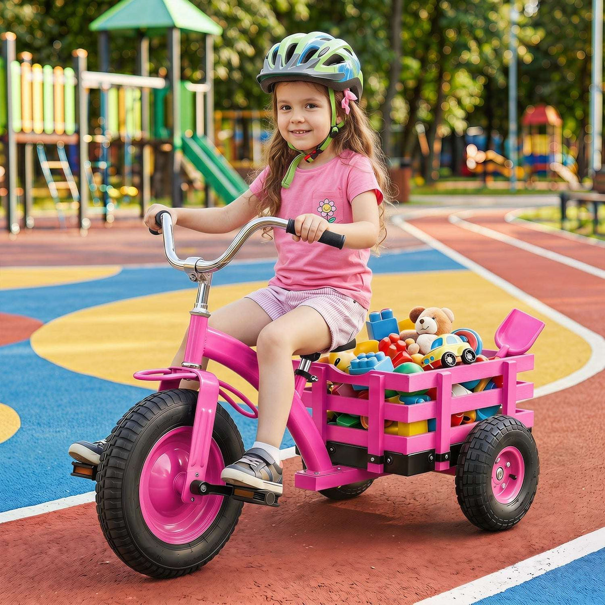 Kids tricycle with pink frame, inflatable rubber tires, and colorful rear wooden basket
