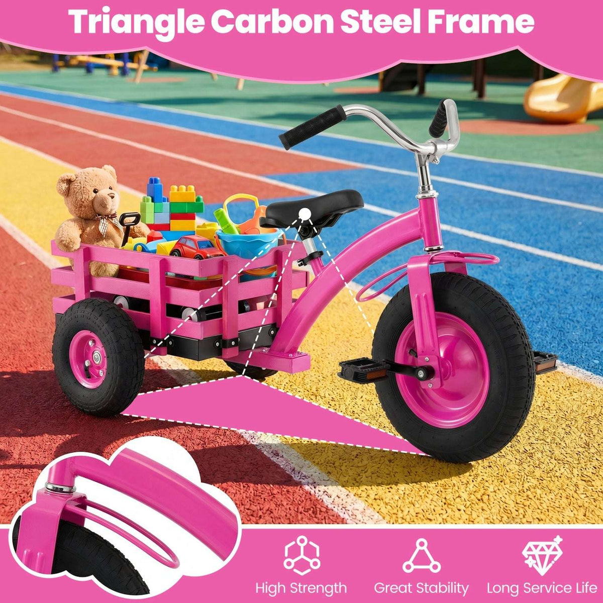 Kids pink tricycle with wooden cargo box and black handle, large inflatable tires