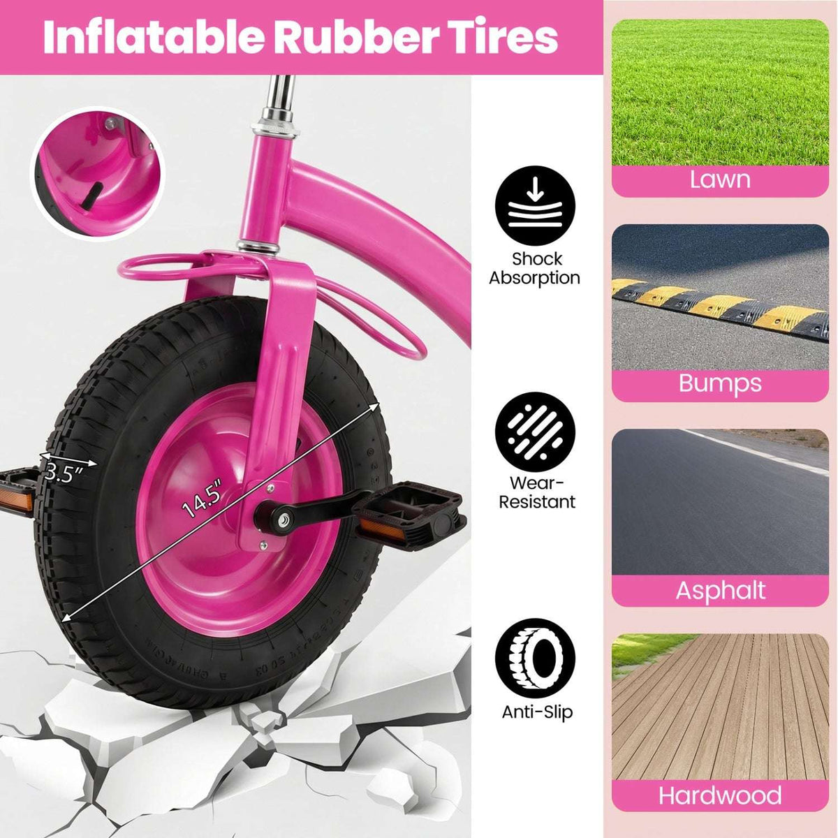 Kids tricycle front wheel with inflatable rubber tire on pink steel frame