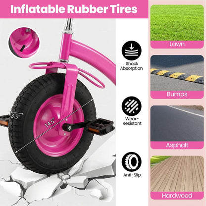 Kids tricycle front wheel with inflatable rubber tire on pink steel frame