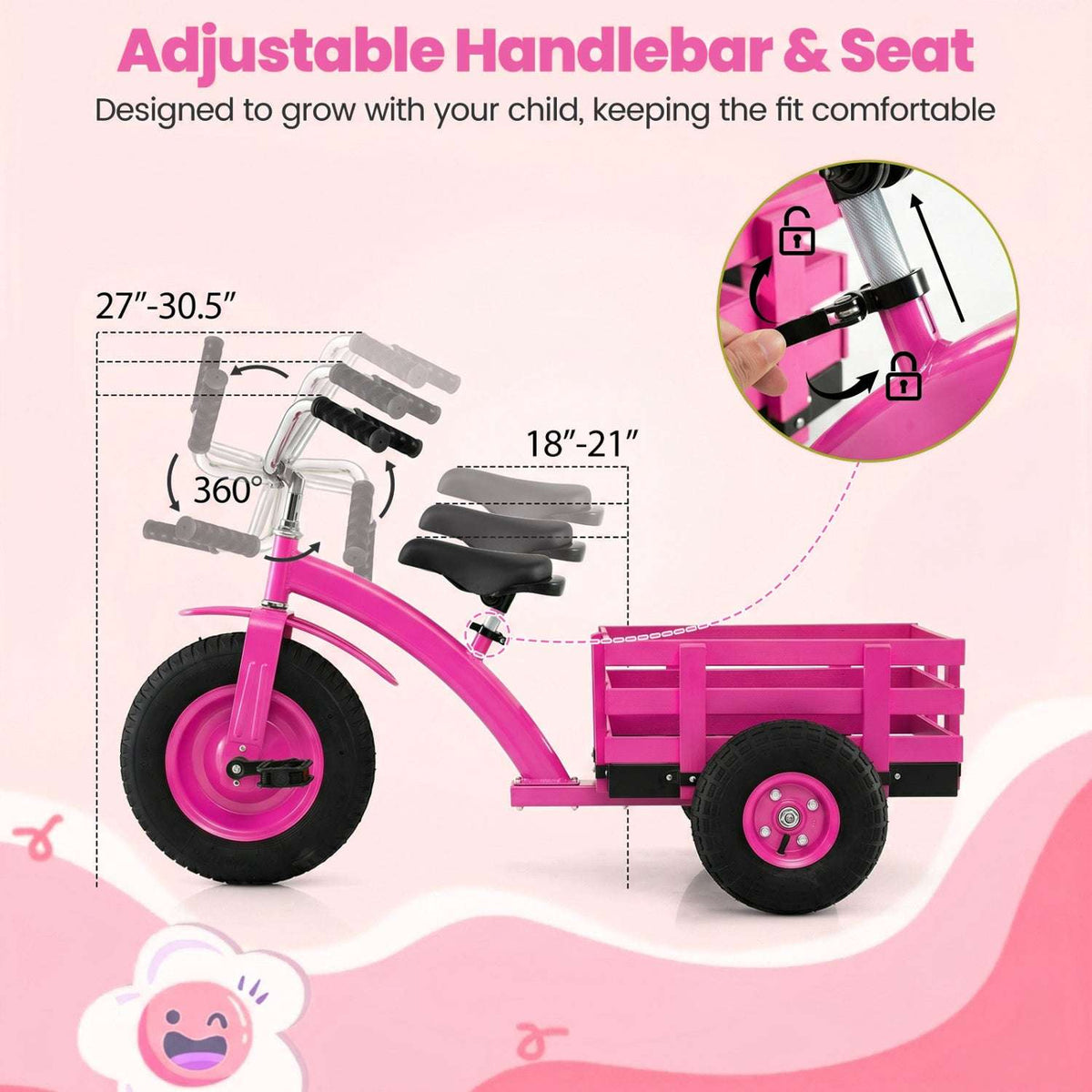 Kids tricycle with adjustable handlebar and seat, pink frame and front wheel