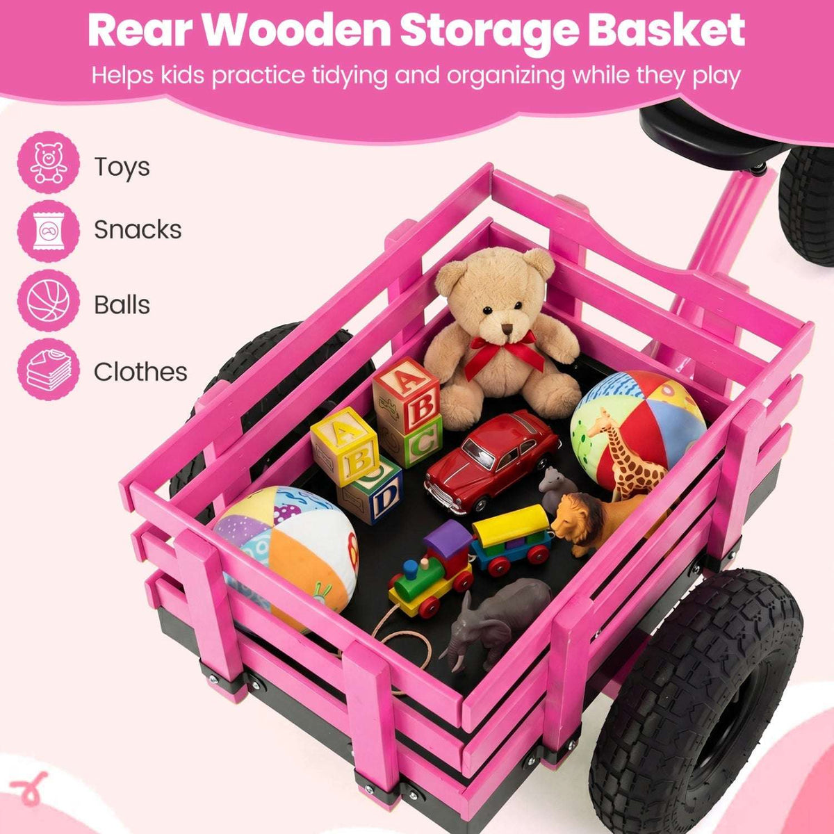 Kids tricycle rear wooden storage basket holding toys, with inflatable tires