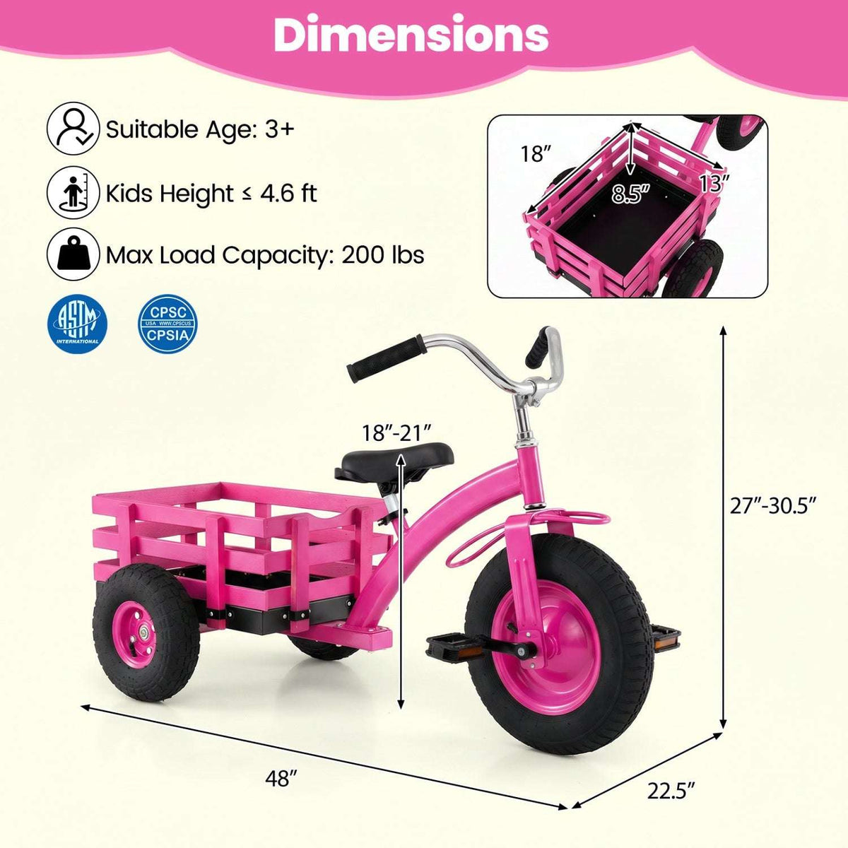 Pink kids tricycle with inflatable tires and rear wooden cargo basket, side view