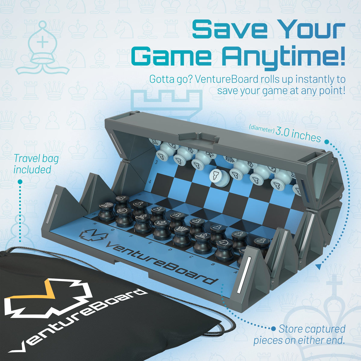 VentureBoard Mini Chess - Magnetic Roll-Up Travel Set, Skye Edition