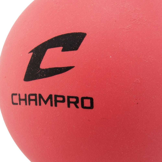 Close-up red foam lacrosse ball with Champro logo in black