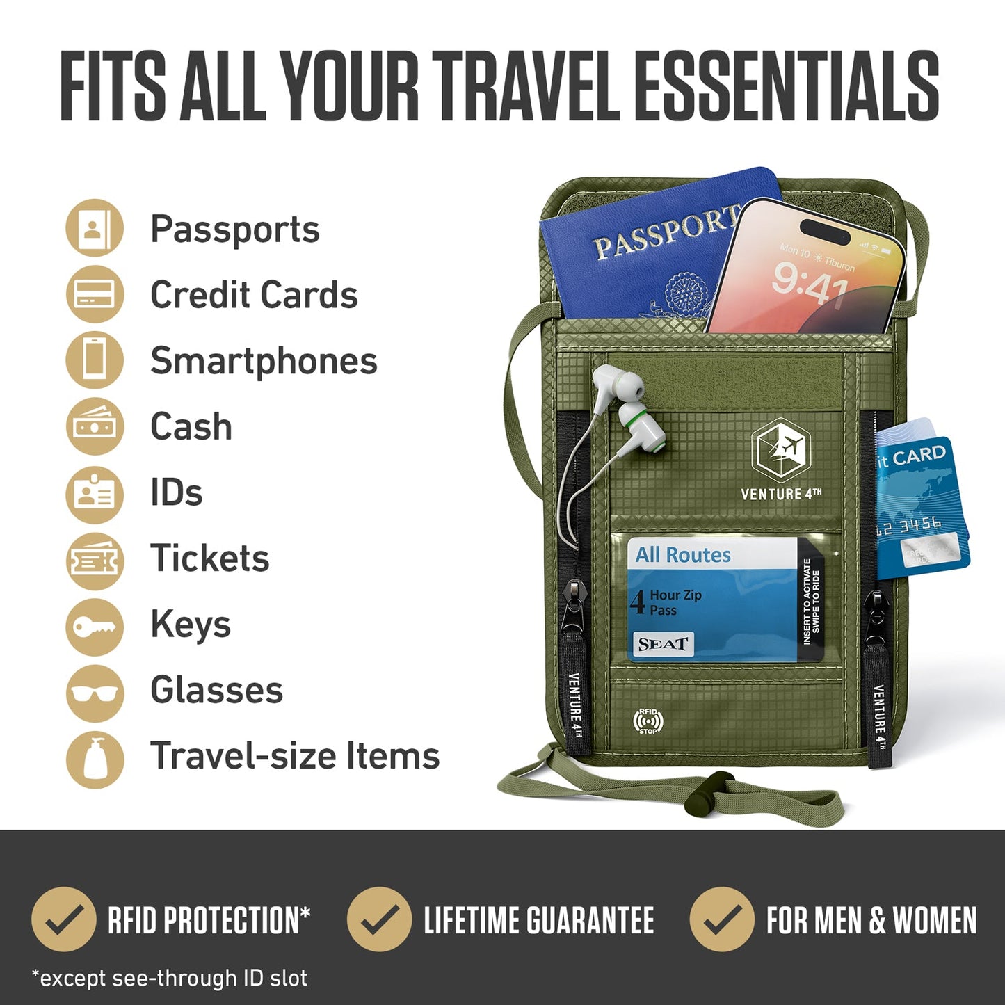VENTURE 4TH RFID Blocking Neck Pouch | Travel Wallet | 8 Colors - Niksstuff