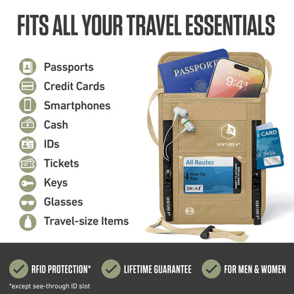 VENTURE 4TH RFID Blocking Neck Pouch | Travel Wallet | 8 Colors - Niksstuff