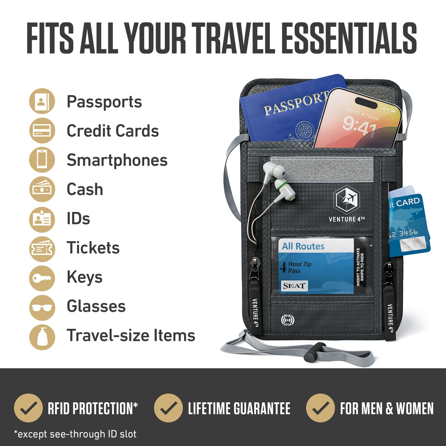 VENTURE 4TH RFID Blocking Neck Pouch | Travel Wallet | 8 Colors - Niksstuff