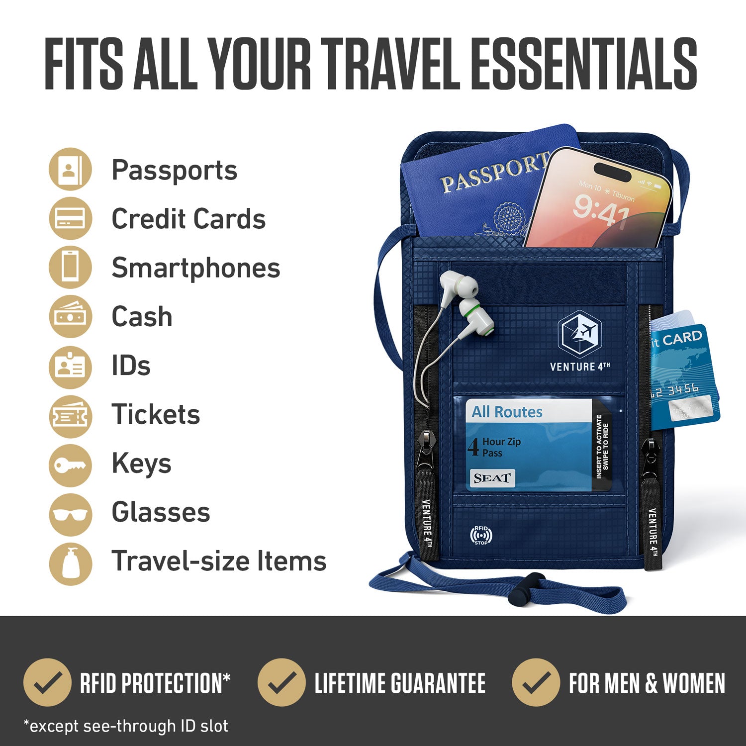 VENTURE 4TH RFID Blocking Neck Pouch | Travel Wallet | 8 Colors - Niksstuff