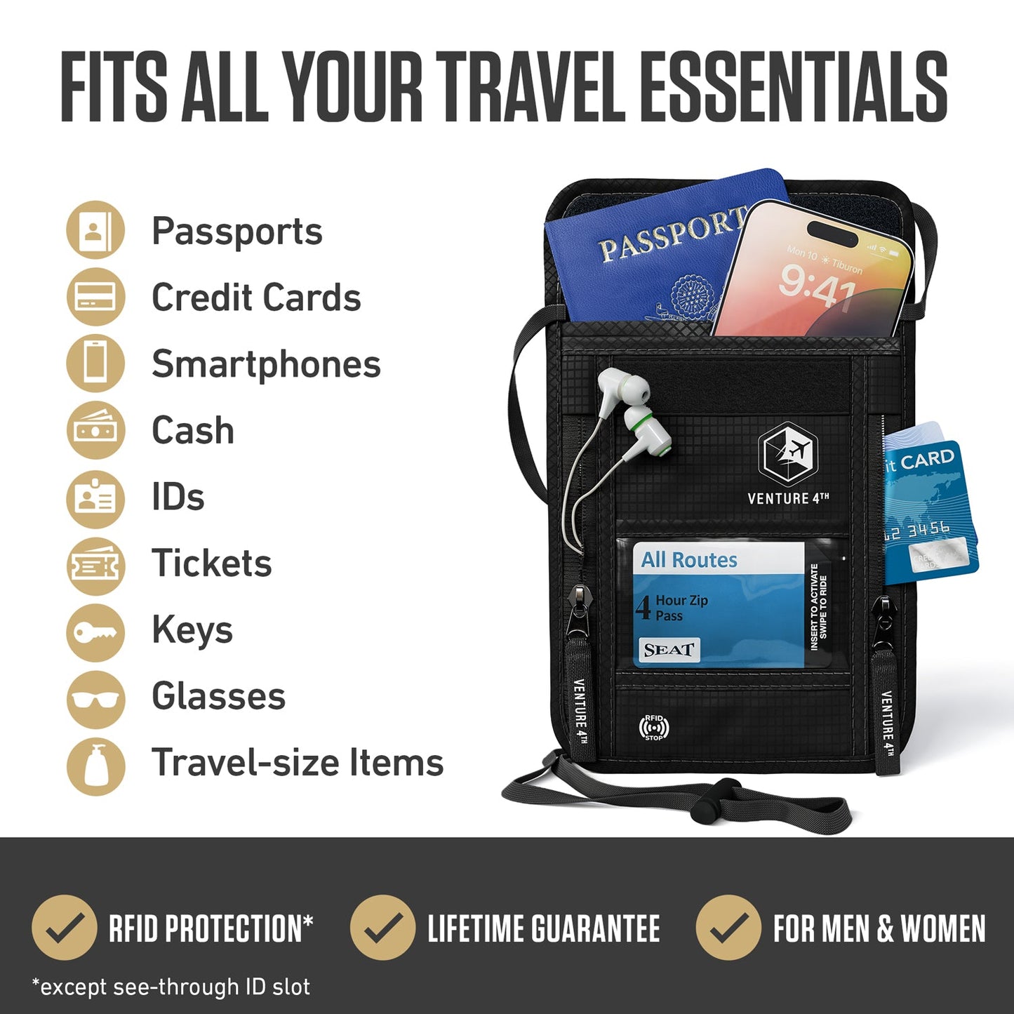 VENTURE 4TH RFID Blocking Neck Pouch | Travel Wallet | 8 Colors - Niksstuff