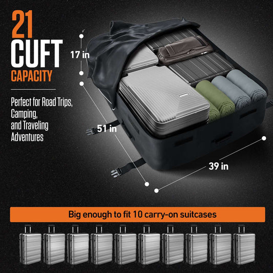 Black rooftop cargo bag on roof with interior storage compartment and buckles