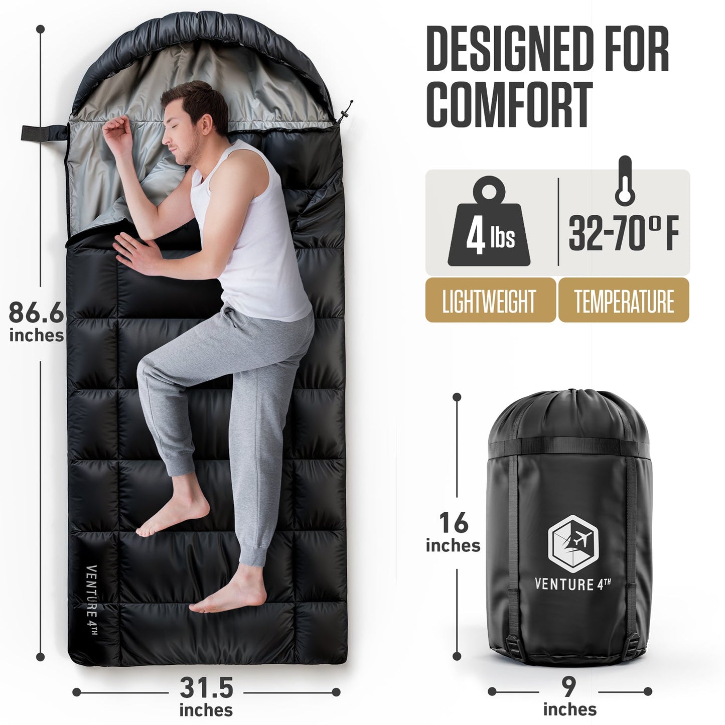 VENTURE 4TH XXL Sleeping Bag for Big & Tall Campers | 30–70°F | 90" x 39" | 5 Colors - Niksstuff