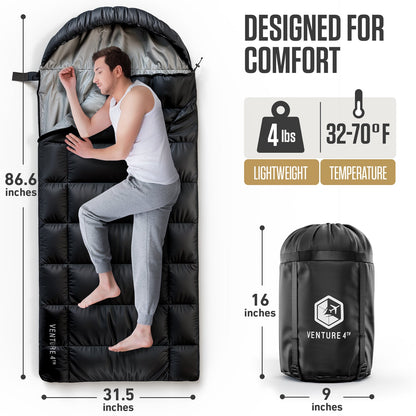 VENTURE 4TH XXL Sleeping Bag for Big & Tall Campers | 30–70°F | 90" x 39" | 5 Colors - Niksstuff