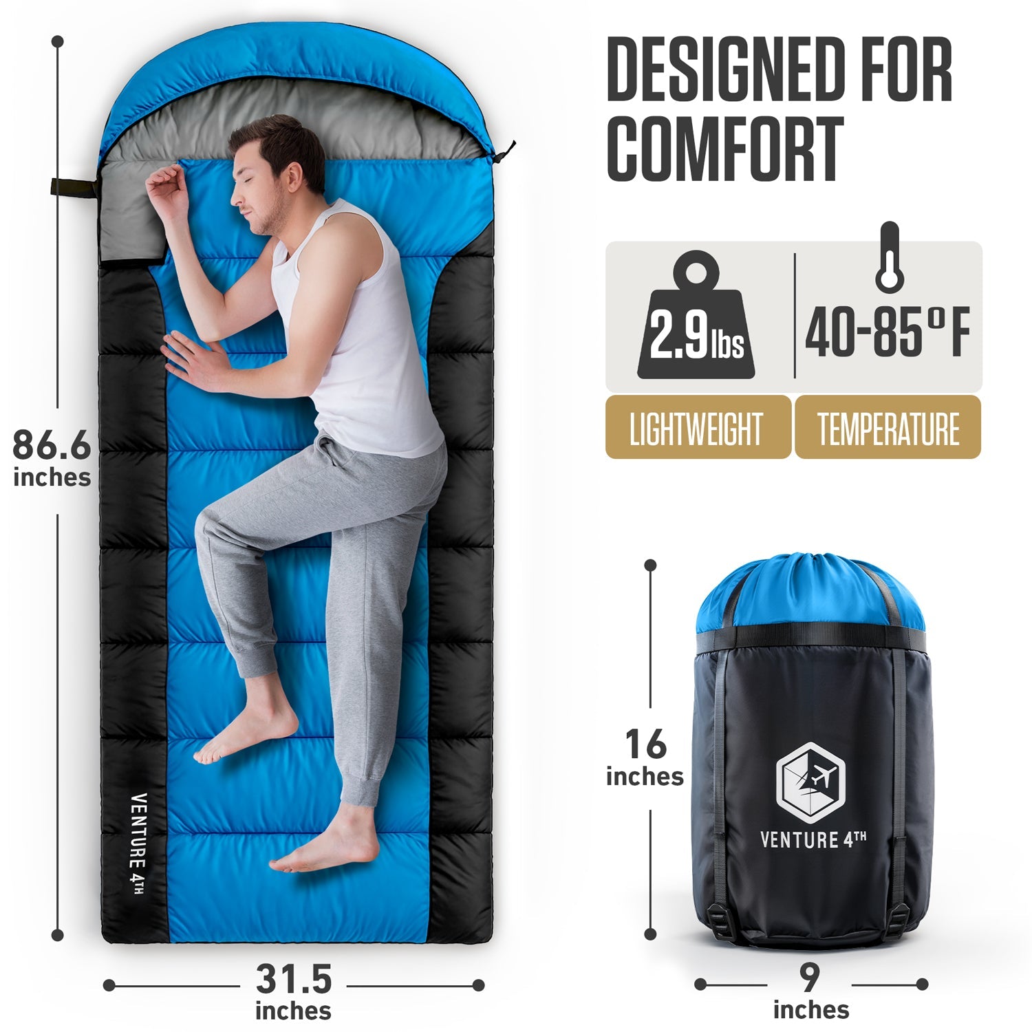 VENTURE 4TH Summer Sleeping Bag | 40–70°F | 29.5"x86.6" | Lightweight 2.7 lbs | 6 Colors - Niksstuff