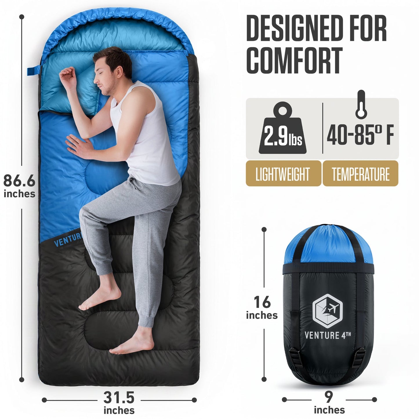 VENTURE 4TH Summer Sleeping Bag | 40–70°F | 29.5"x86.6" | Lightweight 2.7 lbs | 6 Colors - Niksstuff