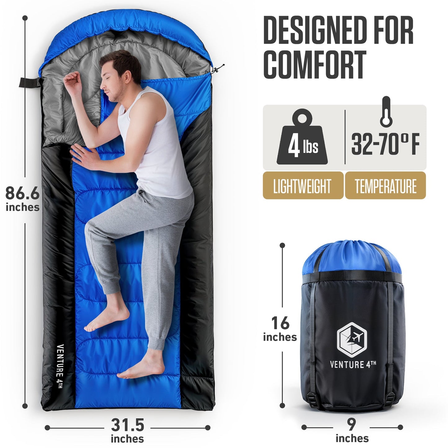 VENTURE 4TH XXL Sleeping Bag for Big & Tall Campers | 30–70°F | 90" x 39" | 5 Colors - Niksstuff
