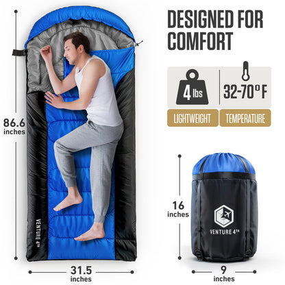 VENTURE 4TH XXL Sleeping Bag for Big & Tall Campers | 30–70°F | 90" x 39" | 5 Colors - Niksstuff