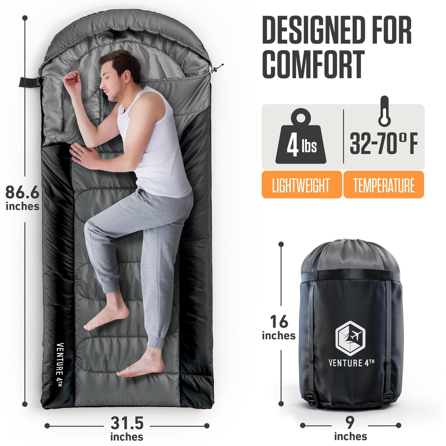 VENTURE 4TH XXL Sleeping Bag for Big & Tall Campers | 30–70°F | 90" x 39" | 5 Colors - Niksstuff