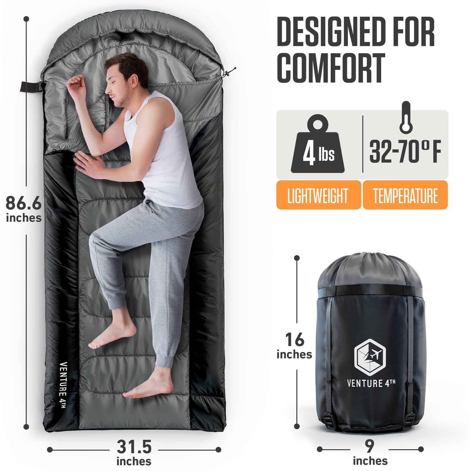 VENTURE 4TH XXL Sleeping Bag for Big & Tall Campers | 30–70°F | 90" x 39" | 5 Colors - Niksstuff