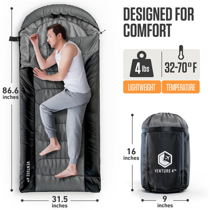 VENTURE 4TH XXL Sleeping Bag for Big & Tall Campers | 30–70°F | 90" x 39" | 5 Colors - Niksstuff