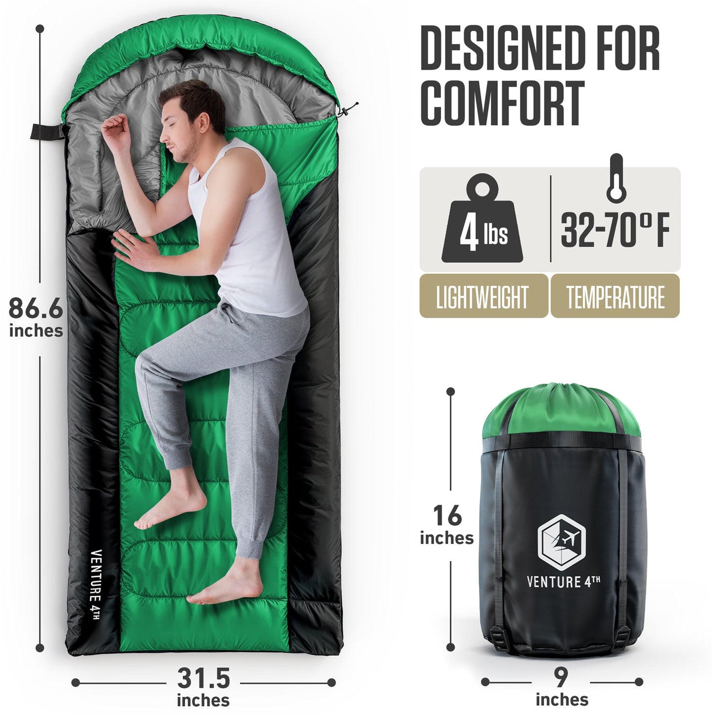 VENTURE 4TH XXL Sleeping Bag for Big & Tall Campers | 30–70°F | 90" x 39" | 5 Colors - Niksstuff