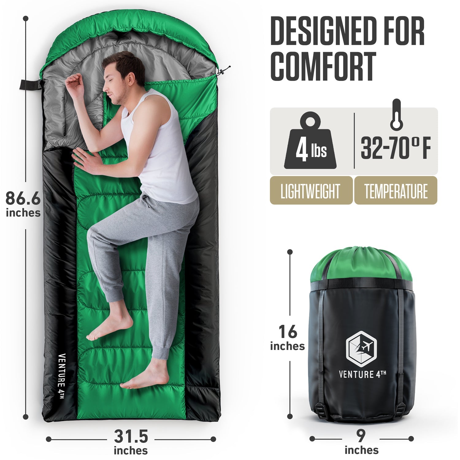 VENTURE 4TH XXL Sleeping Bag for Big & Tall Campers | 30–70°F | 90" x 39" | 5 Colors - Niksstuff