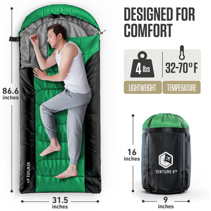VENTURE 4TH XXL Sleeping Bag for Big & Tall Campers | 30–70°F | 90" x 39" | 5 Colors - Niksstuff