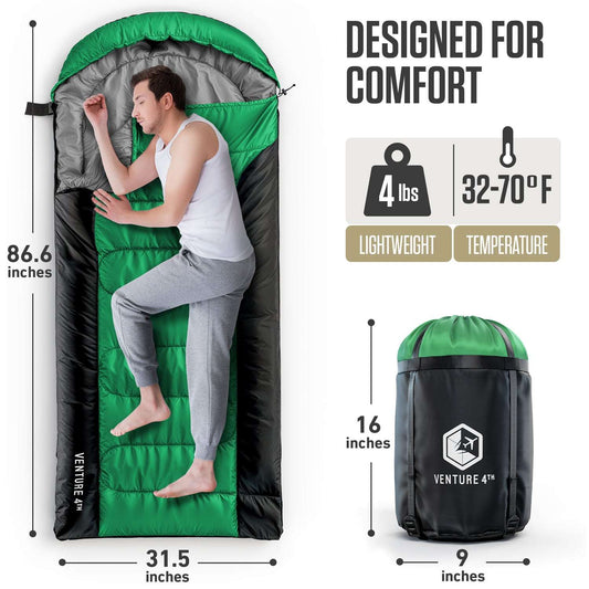 Green and black sleeping bag with open hood, shown with stored compression sack.