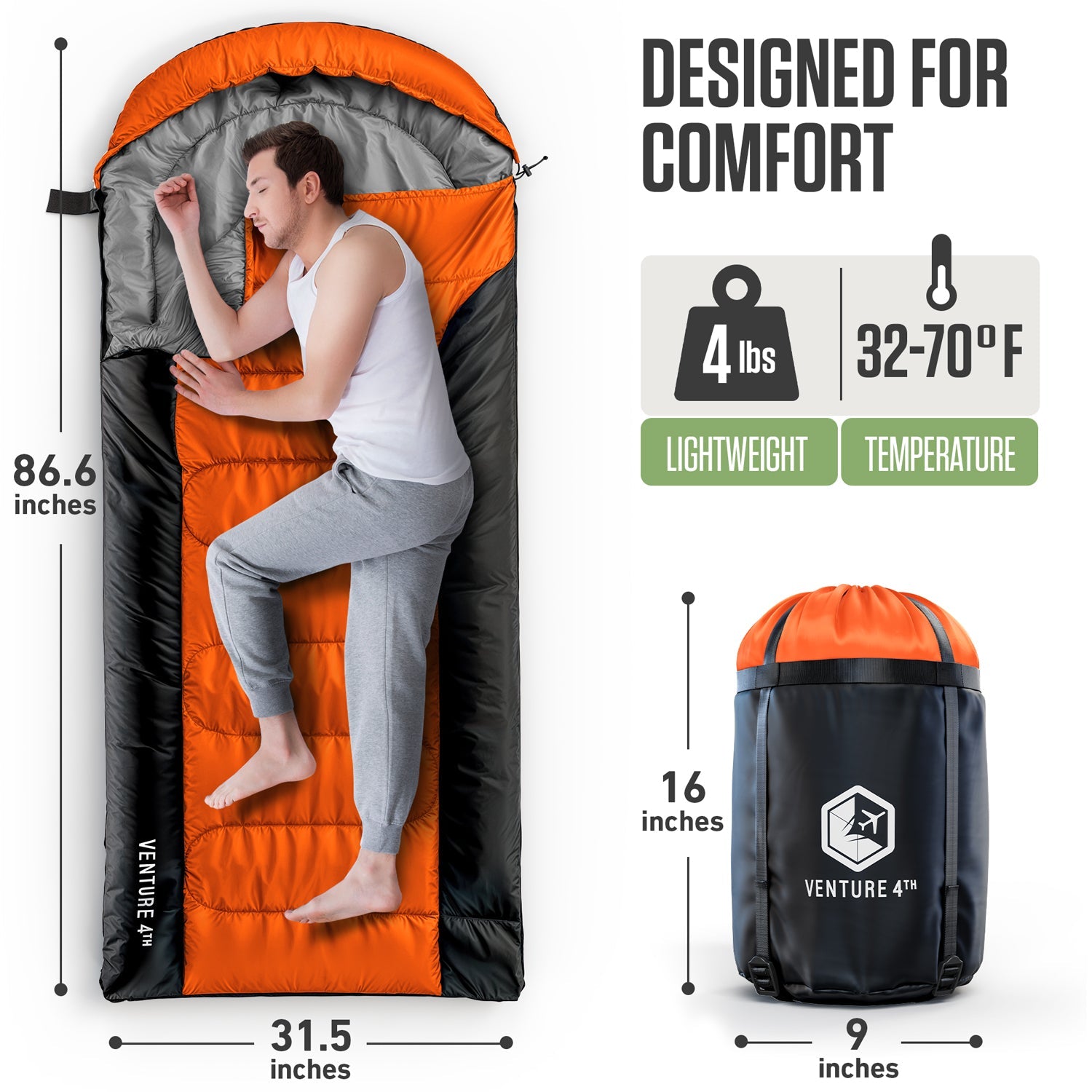 VENTURE 4TH XXL Sleeping Bag for Big & Tall Campers | 30–70°F | 90" x 39" | 5 Colors - Niksstuff