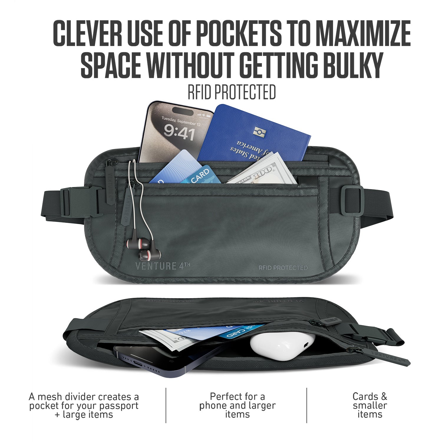 VENTURE 4TH RFID Blocking Travel Money Belt | Fits Up to 56" Waist | 8 Colors - Niksstuff