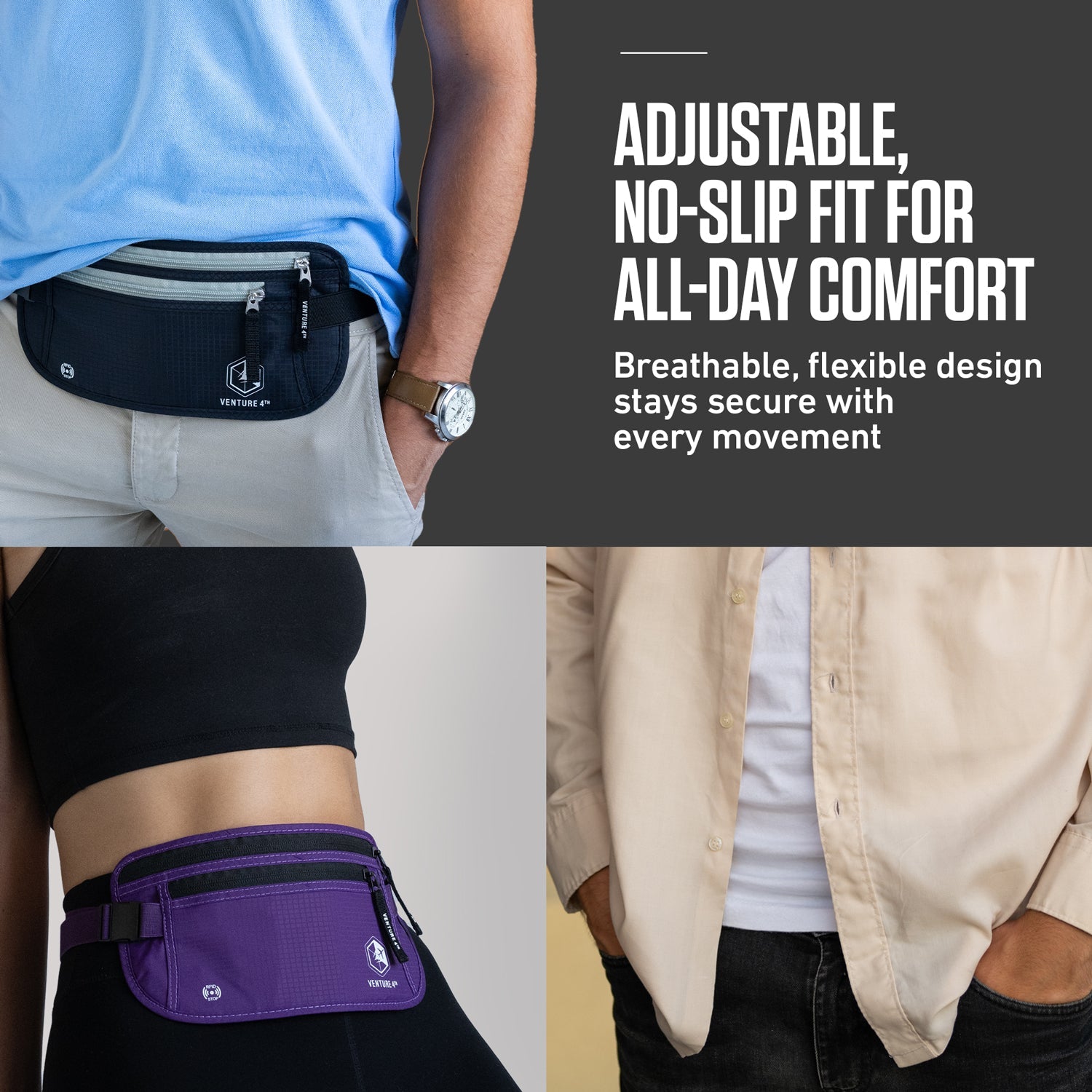 VENTURE 4TH RFID Safe Money Belt | Fits Up to 56" Waist | 12 Colors - Niksstuff