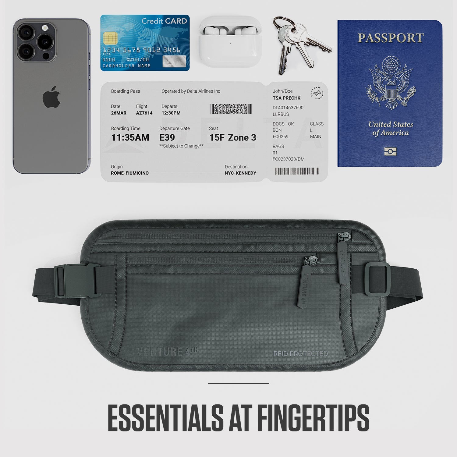 VENTURE 4TH RFID Blocking Travel Money Belt | Fits Up to 56" Waist | 8 Colors - Niksstuff
